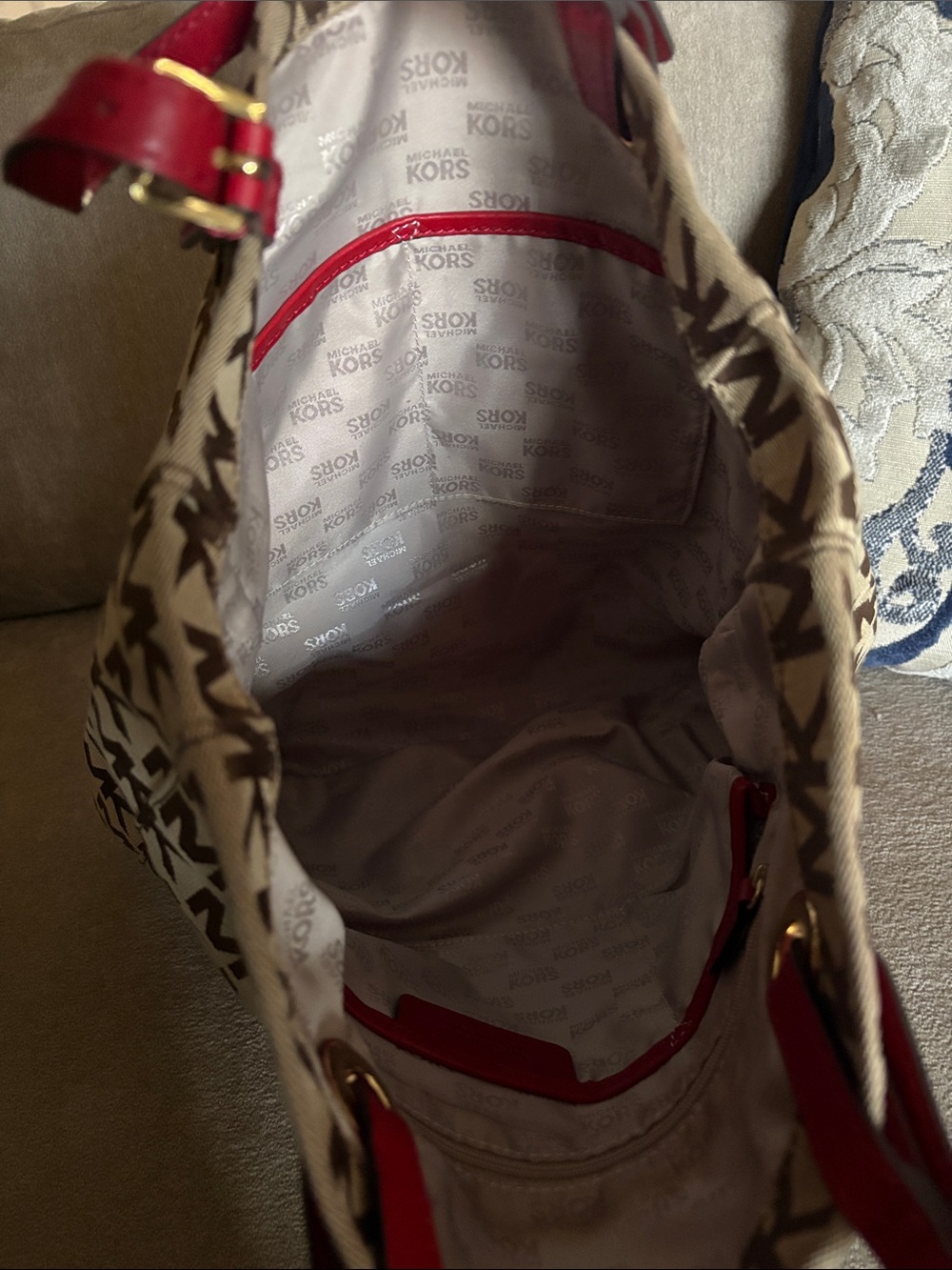 MICHAEL KORS Brown MK Logo Tote with Red Straps - Picture 2 of 3
